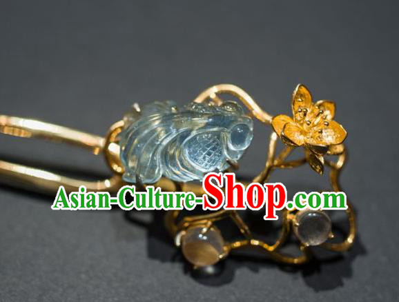 China Traditional Aquamarine Fish Hair Accessories Ancient Ming Dynasty Golden Lotus Hairpin
