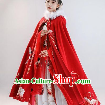 China Ancient Noble Woman Historical Clothing Traditional Hanfu Cape Ming Dynasty Court Princess Embroidered Red Cloak