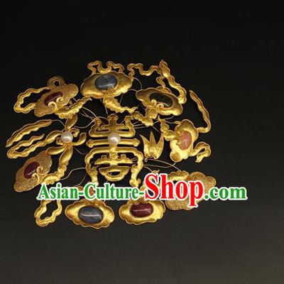China Ancient Imperial Consort Gems Hair Crown Handmade Hair Accessories Traditional Qing Dynasty Court Golden Hairpin