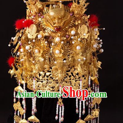 China Ancient Empress Golden Hair Crown Handmade Hair Accessories Traditional Ming Dynasty Pearls Tassel Phoenix Coronet