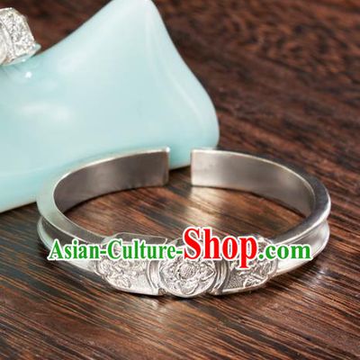 China Qing Dynasty Jewelry Accessories Ancient Court Princess Carving Flowers Silver Bracelet
