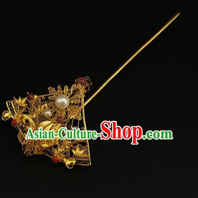China Ancient Gilding Fan Hairpin Handmade Hair Accessories Traditional Ming Dynasty Golden Butterfly Hair Stick