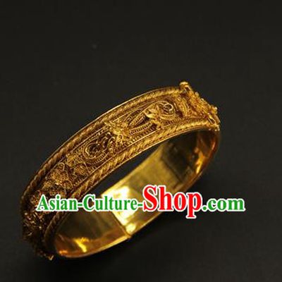 China Handmade Ming Dynasty Jewelry Accessorie Ancient Filigree Dragon Golden Bracelet