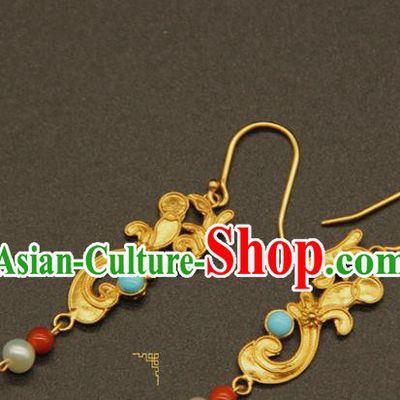 Handmade Chinese Ming Dynasty Hanfu Jewelry Accessories Traditional Ancient Imperial Consort Golden Earrings