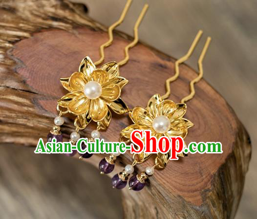 China Tang Dynasty Lotus Hair Stick Traditional Ancient Empress Golden Hairpin Hair Accessories China Tang Dynasty Lotus Hair Stick Traditional Ancient Empress Golden Hairpin Hair Accessories