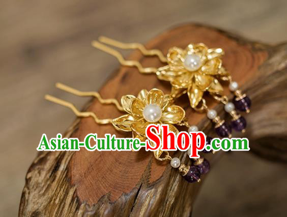 China Tang Dynasty Lotus Hair Stick Traditional Ancient Empress Golden Hairpin Hair Accessories China Tang Dynasty Lotus Hair Stick Traditional Ancient Empress Golden Hairpin Hair Accessories
