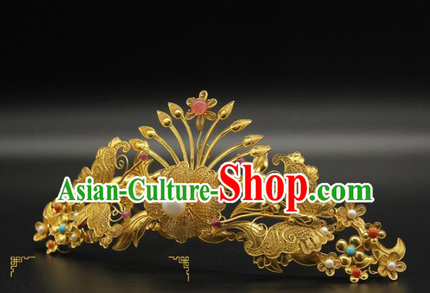 China Ancient Court Hair Accessories Traditional Handmade Hairpin Ming Dynasty Golden Hair Crown