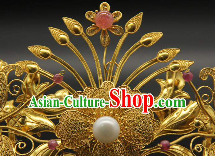 China Ancient Court Hair Accessories Traditional Handmade Hairpin Ming Dynasty Golden Hair Crown