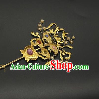 China Ming Dynasty Hair Stick Ancient Court Hair Accessories Traditional Handmade Golden Flowers Hairpin