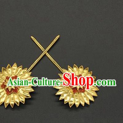 China Tang Dynasty Hair Stick Ancient Court Hair Accessories Traditional Handmade Golden Chrysanthemum Hairpin