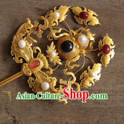 China Ancient Palace Empress Pearls Hairpin Traditional Ming Dynasty Gems Hair Accessories Handmade Golden Gourd Hair Stick