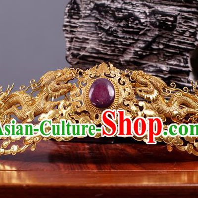 China Ming Dynasty Golden Dragons Hair Crown Ancient Court Hair Accessories Traditional Handmade Empress Hairpin