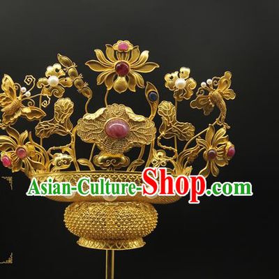 China Traditional Qing Dynasty Golden Lotus Butterfly Hair Stick Ancient Court Empress Hair Accessories Handmade Gems Hairpin