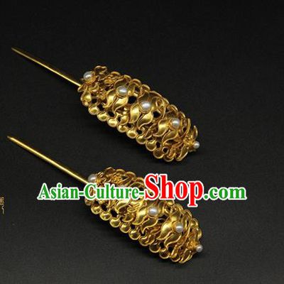 China Traditional Handmade Pearls Hairpin Ancient Court Empress Hair Accessories Ming Dynasty Golden Hair Stick