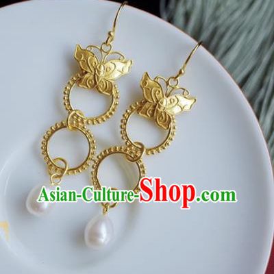 Handmade Chinese Ancient Imperial Consort Earrings Accessories Traditional Ming Dynasty Golden Butterfly Ear Jewelry