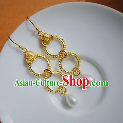 Handmade Chinese Traditional Ming Dynasty Golden Gourd Ear Jewelry Ancient Imperial Consort Earrings Accessories