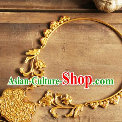 China Handmade Ming Dynasty Golden Necklace Ancient Wedding Longevity Lock