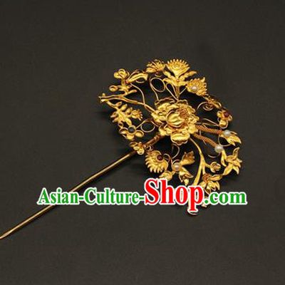 China Traditional Qing Dynasty Court Hair Accessories Handmade Golden Peony Hair Stick Ancient Imperial Empress Hairpin