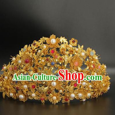 China Traditional Ming Dynasty Wedding Hair Accessories Handmade Golden Hairpin Ancient Empress Pearls Flower Hair Crown