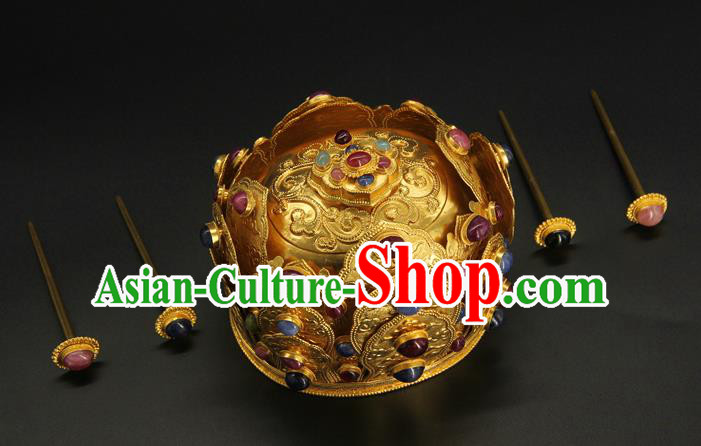China Traditional Handmade Gems Hair Crown Ancient Taoist Hairpin Ming Dynasty Hair Accessories