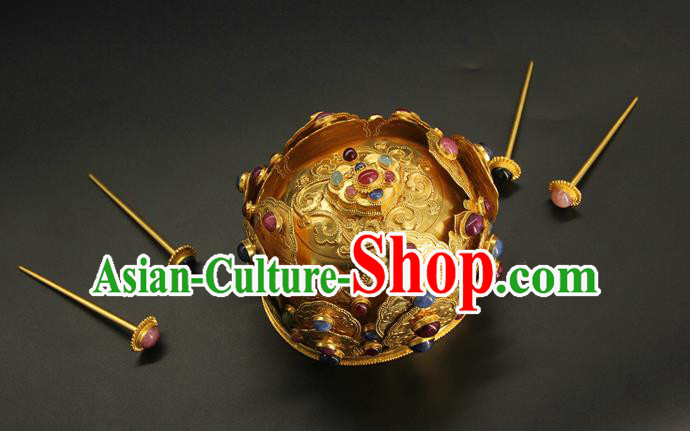 China Traditional Handmade Gems Hair Crown Ancient Taoist Hairpin Ming Dynasty Hair Accessories