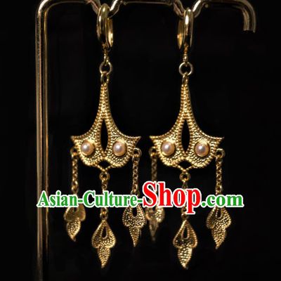 China Ancient Golden Ginkgo Leaf Ear Jewelry Traditional Tang Dynasty Imperial Concubine Pearls Earrings