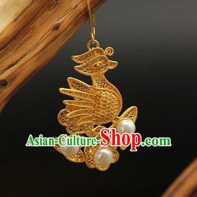 Handmade Chinese Ancient Empress Ear Jewelry Traditional Ming Dynasty Golden Mandarin Duck Earrings Accessories