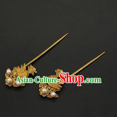 China Ancient Empress Golden Mandarin Duck Hairpin Traditional Ming Dynasty Palace Hair Accessories Handmade Court Hair Stick