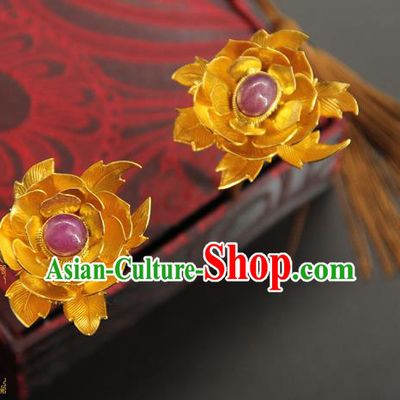 China Ancient Court Queen Golden Peony Hairpin Traditional Handmade Hair Stick Ming Dynasty Hair Accessories