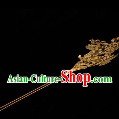 China Hanfu Golden Phoenix Hair Stick Traditional Tang Dynasty Queen Hair Accessories Handmade Ancient Empress Hairpin