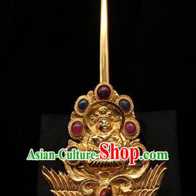 China Ancient Imperial Consort Phoenix Hairpin Handmade Hair Accessories Traditional Ming Dynasty Golden Buddha Hair Stick
