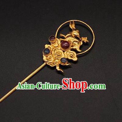 China Handmade Ming Dynasty Empress Gems Hairpin Ancient Queen Golden Cloud Hair Stick Traditional Court Hair Accessories