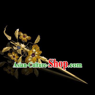 China Traditional Ancient Ming Dynasty Empress Hair Accessories Handmade Palace Golden Flowers Hairpin