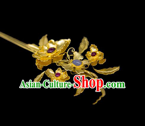 China Traditional Ancient Ming Dynasty Empress Hair Accessories Handmade Palace Golden Flowers Hairpin China Traditional Ancient Ming Dynasty Empress Hair Accessories Handmade Palace Golden Flowers Hairpin