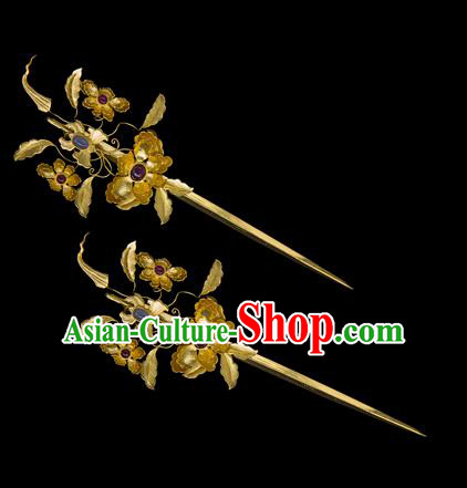 China Traditional Ancient Ming Dynasty Empress Hair Accessories Handmade Palace Golden Flowers Hairpin China Traditional Ancient Ming Dynasty Empress Hair Accessories Handmade Palace Golden Flowers Hairpin