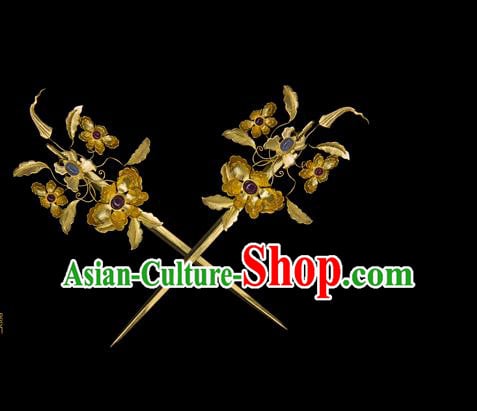 China Traditional Ancient Ming Dynasty Empress Hair Accessories Handmade Palace Golden Flowers Hairpin China Traditional Ancient Ming Dynasty Empress Hair Accessories Handmade Palace Golden Flowers Hairpin