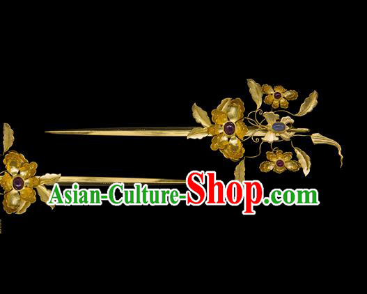 China Traditional Ancient Ming Dynasty Empress Hair Accessories Handmade Palace Golden Flowers Hairpin China Traditional Ancient Ming Dynasty Empress Hair Accessories Handmade Palace Golden Flowers Hairpin