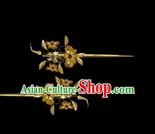 China Traditional Ancient Ming Dynasty Empress Hair Accessories Handmade Palace Golden Flowers Hairpin China Traditional Ancient Ming Dynasty Empress Hair Accessories Handmade Palace Golden Flowers Hairpin
