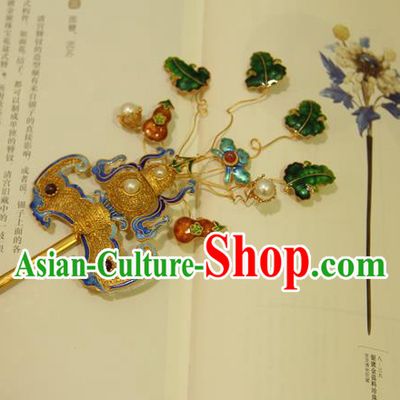 China Ancient Qing Dynasty Empress Golden Gourd Bat Hairpin Handmade Palace Woman Hair Stick Traditional Queen Headpiece