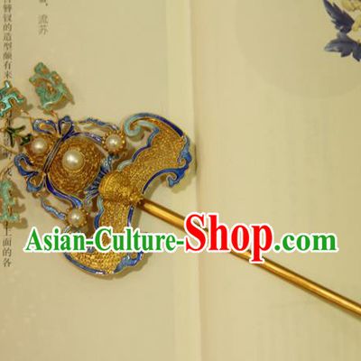 China Handmade Palace Woman Hair Stick Traditional Queen Headpiece Ancient Qing Dynasty Empress Golden Gourd Bat Hairpin