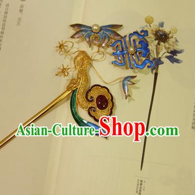 China Handmade Palace Woman Blueing Chrysanthemum Hair Stick Traditional Queen Headpiece Ancient Qing Dynasty Empress Ruby Hairpin
