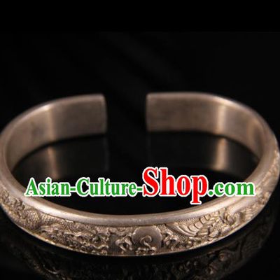Handmade Chinese Ancient Qing Dynasty Carving Silver Bangle Accessories Traditional Court Bracelet Jewelry