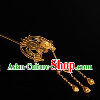 China Traditional Court Headpiece Ancient Qing Dynasty Empress Tassel Hairpin Handmade Palace Queen Golden Phoenix Hair Stick