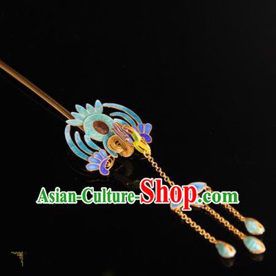 China Ancient Qing Dynasty Empress Tassel Hairpin Handmade Palace Queen Enamel Phoenix Hair Stick Traditional Court Headpiece