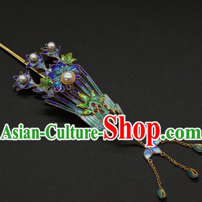 China Ancient Traditional Palace Headpiece Handmade Queen Tassel Hair Stick Qing Dynasty Empress Enamel Phoenix Hairpin