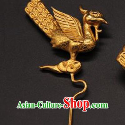 China Handmade Palace Hair Accessories Traditional Ming Dynasty Golden Phoenix Hair Stick Ancient Empress Hanfu Hairpin