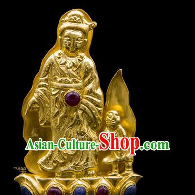 China Ancient Empress Golden Bodhisattva Hair Crown Traditional Ming Dynasty Palace Hair Accessories Handmade Court Gems Hairpin