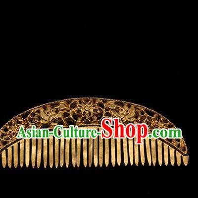 China Traditional Handmade Carving Hairpin Tang Dynasty Hair Accessories Ancient Empress Golden Hair Comb