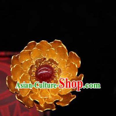 China Ancient Empress Golden Peony Hair Stick Handmade Hairpin Traditional Ming Dynasty Hair Accessories