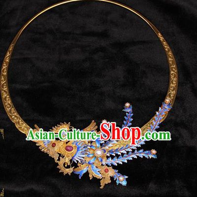 Handmade Chinese Ancient Imperial Consort Golden Necklet Jewelry Traditional Ming Dynasty Blueing Phoenix Necklace Accessories